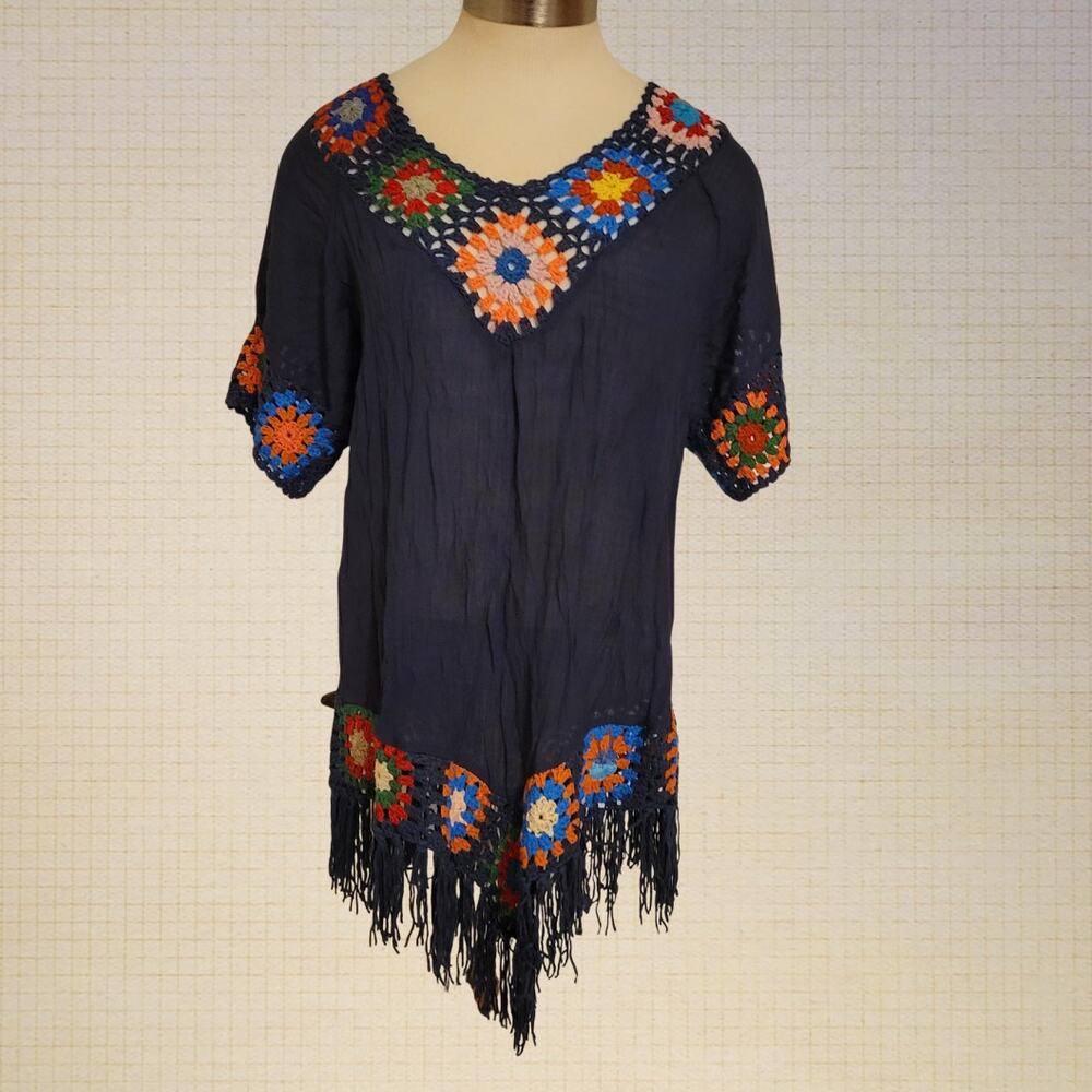 India Boutique Boho Crochet Fringe Cotton Tunic Top Navy Small Medium